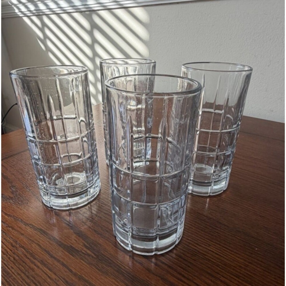 Set of 4 Anchor Hocking Manchester Tartan Plaid 16 oz Heavy Clear Glass Tumblers